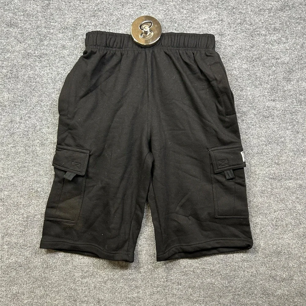 Pro Club Fleece Cargo Shorts Men's Black Elastic Waist Utility Workwear - Medium